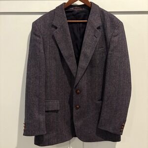 Vtg Brookcraft Wool Herringbone Tweed Blazer Men 42R Blue Leather Buttons Poland